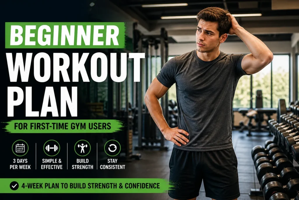 Beginner Workout Plan (Step-by-Step Guide for Fast Results) Beginner workout plan guide showing a first-time gym user standing in a modern gym looking unsure
