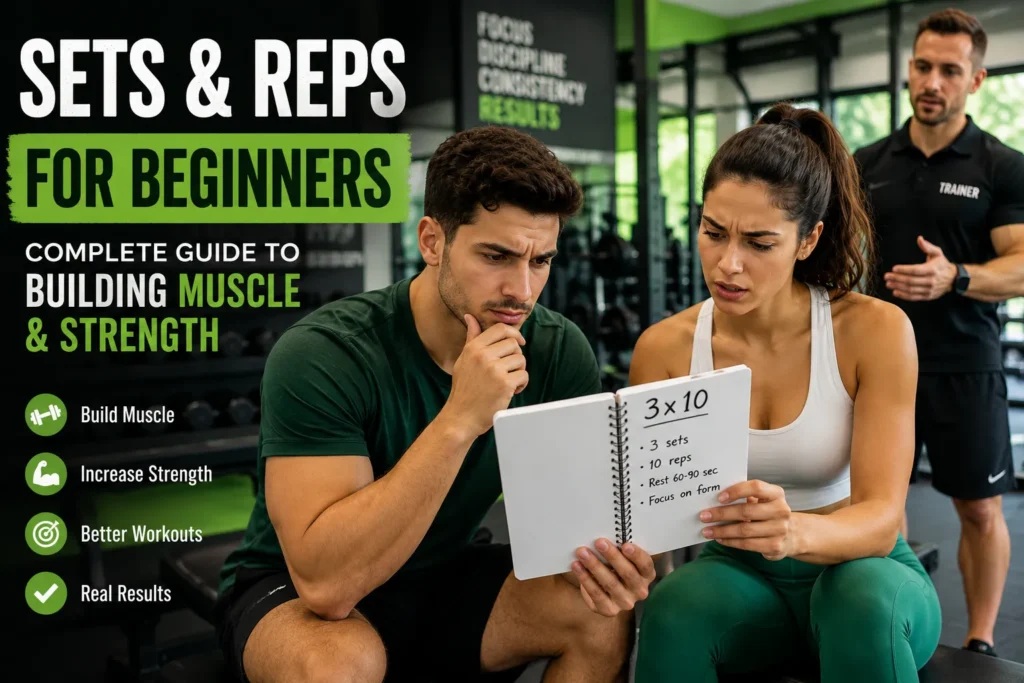 Sets and Reps for Beginners: Complete Beginner Guide to Strength Training Beginner gym members learning sets and reps with a workout plan in a modern fitness gym