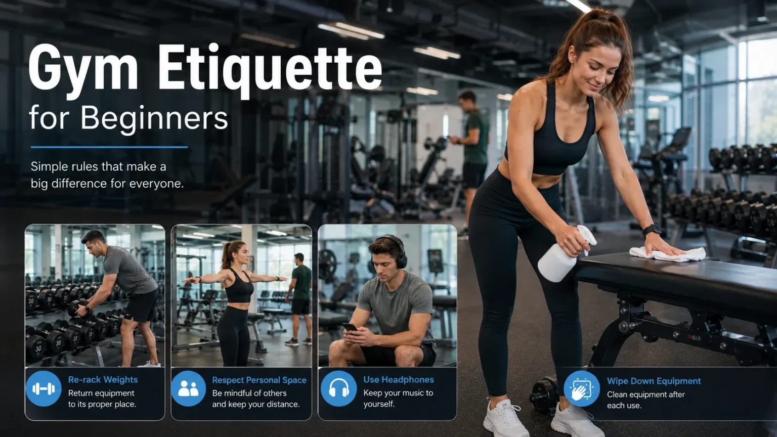 Gym Etiquette for Beginners: Essential Rules Every New Gym Member Should Know Beginner learning proper gym etiquette in a modern fitness center
