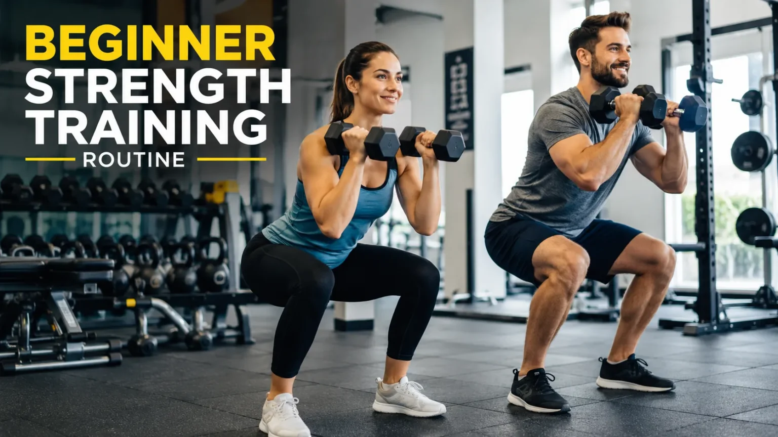 Beginner Strength Training Routine for Beginners Beginner performing a simple strength training routine with light dumbbells in a modern gym