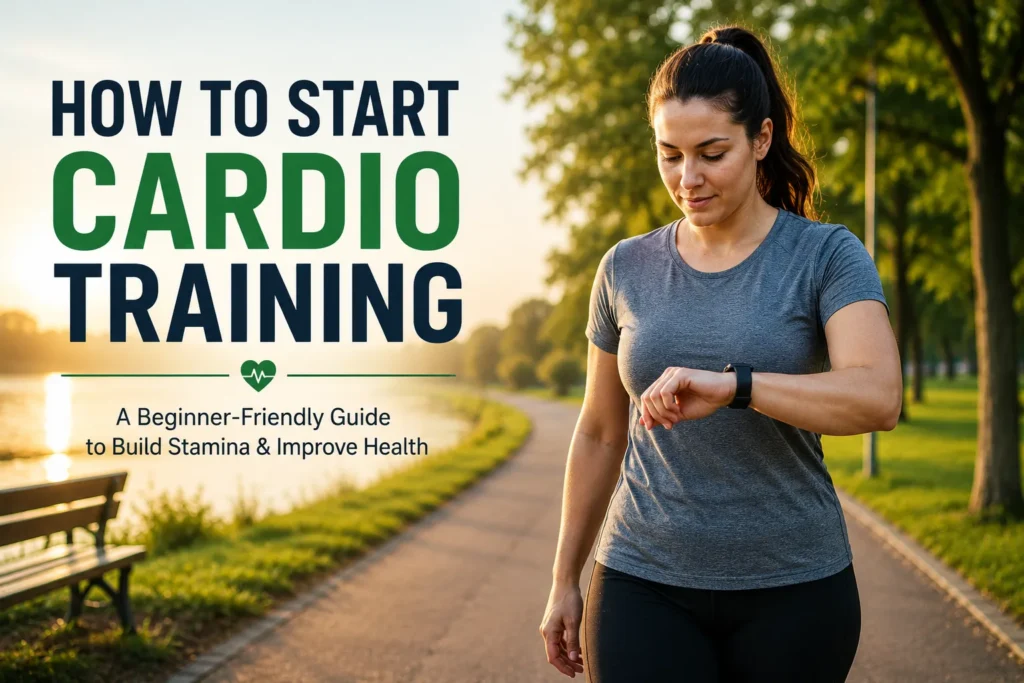 How to Start Cardio Training: Beginner-Friendly Step-by-Step Guide Beginner woman starting cardio training outdoors while checking fitness watch during morning walk