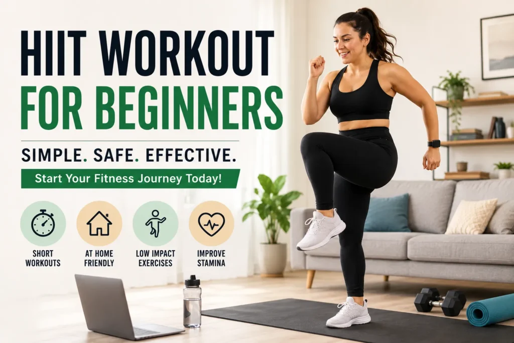 HIIT Workout for Beginners: Safe & Simple Home Workout Guide Beginner performing a low-impact HIIT workout at home in a bright living room