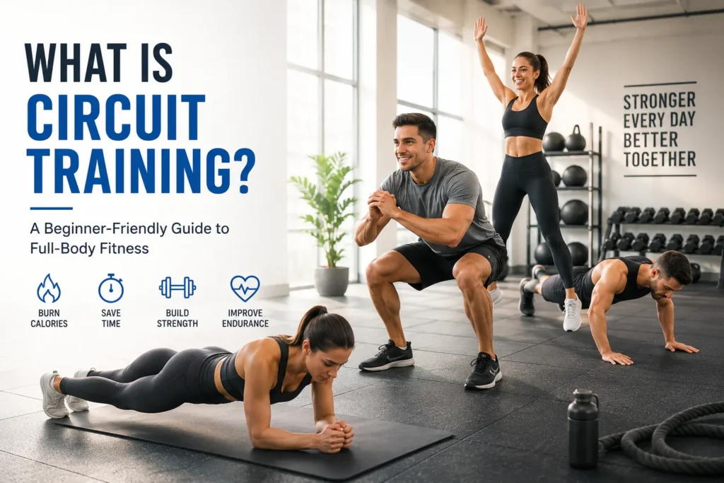 What Is Circuit Training? Benefits, Exercises & Beginner Workouts Beginner performing circuit training workout with cardio and strength exercises in a modern gym