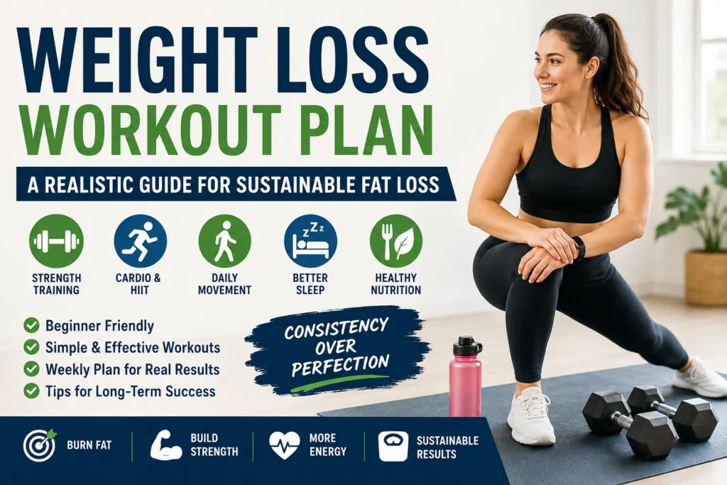 Woman performing a beginner-friendly weight loss workout with dumbbells in a modern home gym beside text about sustainable fat loss, cardio, strength training, sleep, and nutrition.
