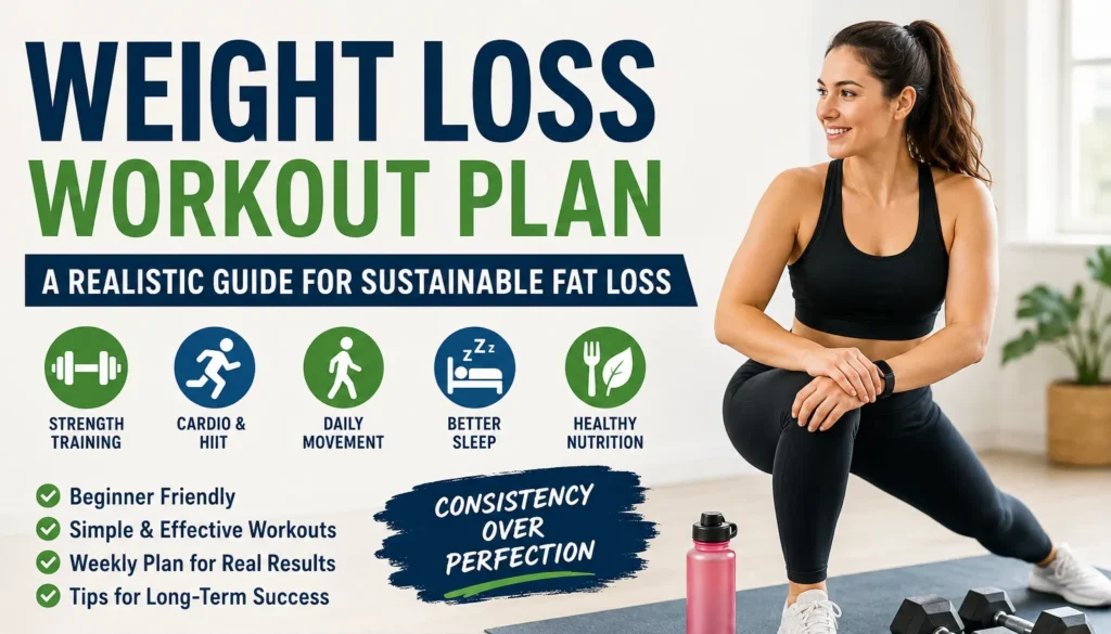 Weight Loss Workout Plan: A Realistic Beginner Guide for Sustainable Fat Loss Woman performing a beginner-friendly weight loss workout with dumbbells in a modern home gym beside text about sustainable fat loss, cardio, strength training, sleep, and nutrition.