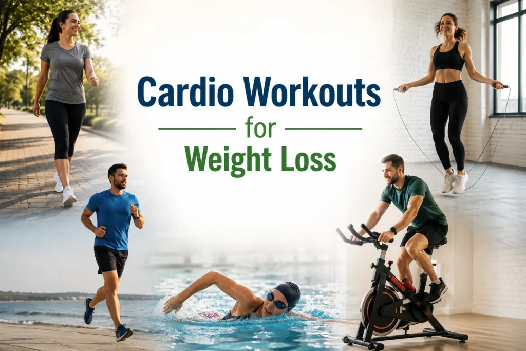 Beginner-friendly cardio workouts for weight loss including walking, cycling, running, and jump rope exercises