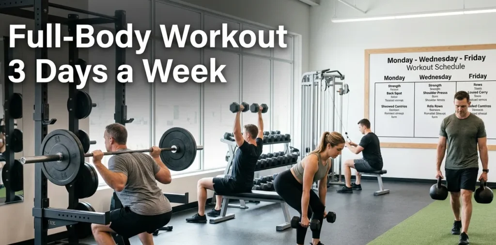 Men and women performing a full-body workout 3 days a week in a gym