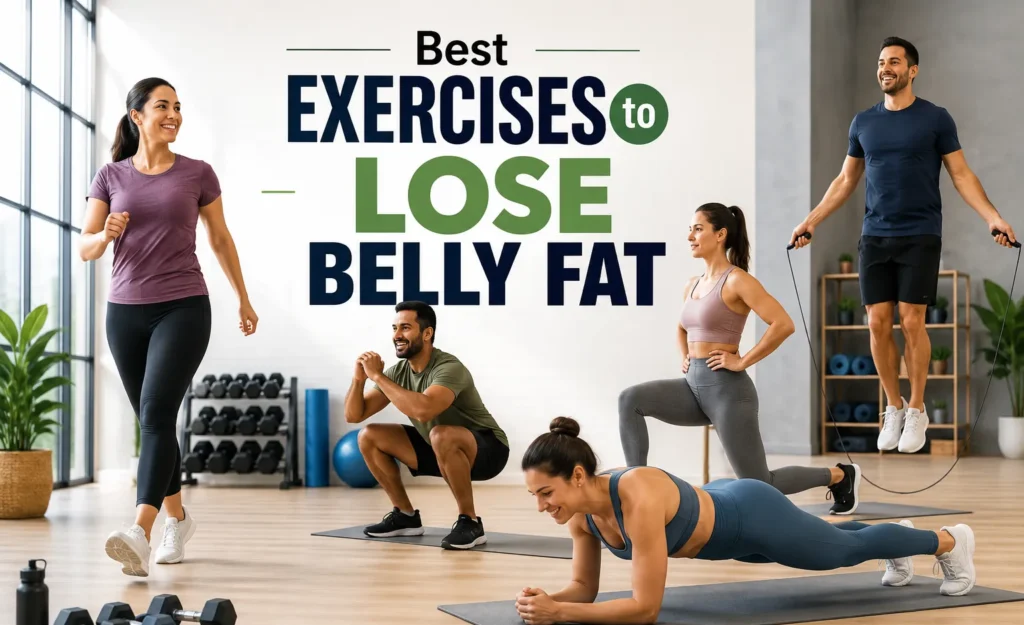 Best Exercises to Lose Belly Fat: A Beginner-Friendly Guide Man and woman performing beginner-friendly exercises to lose belly fat including walking squats and planks