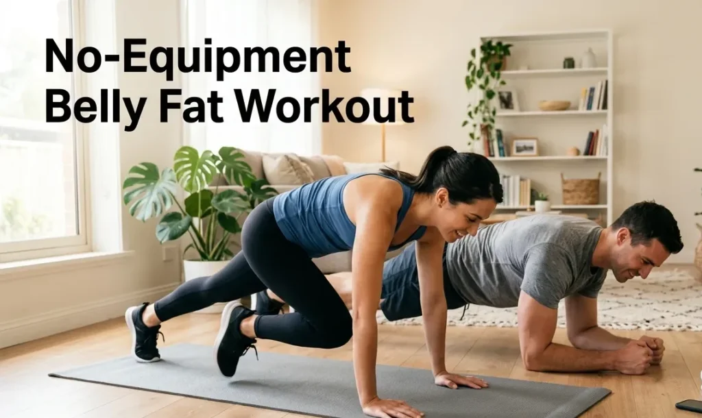 No-Equipment Belly Fat Workout for Beginners: A Complete Guide Man and woman performing a no-equipment belly fat workout at home using bodyweight exercises