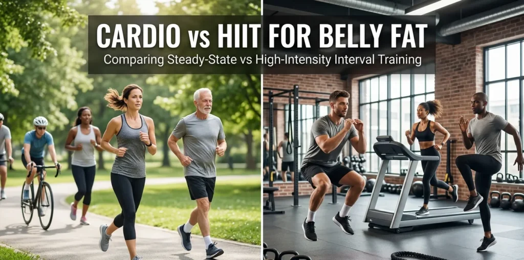 Cardio vs HIIT for Belly Fat: Which Is Better for Fat Loss? Split-screen comparison of cardio and HIIT workouts for belly fat loss