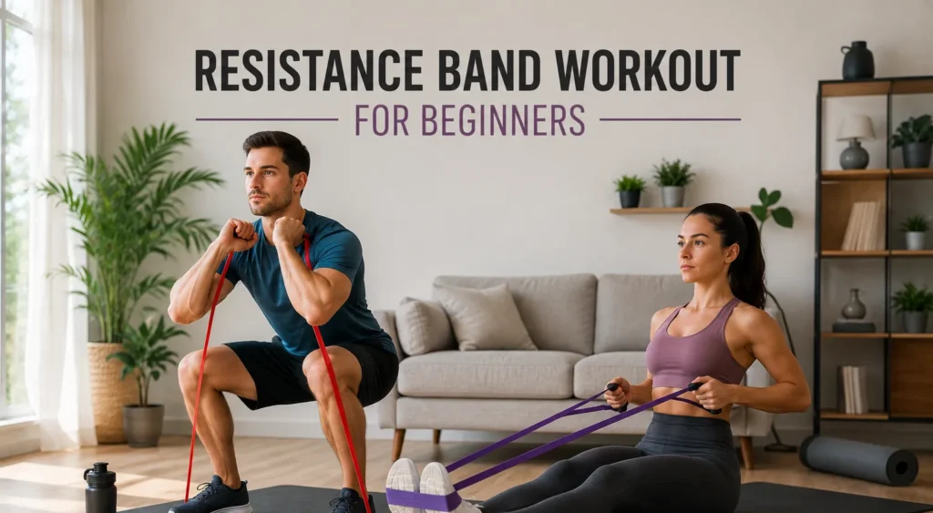 Resistance Band Workout for Beginners: A Complete Home Guide Beginner man and woman performing a resistance band workout at home