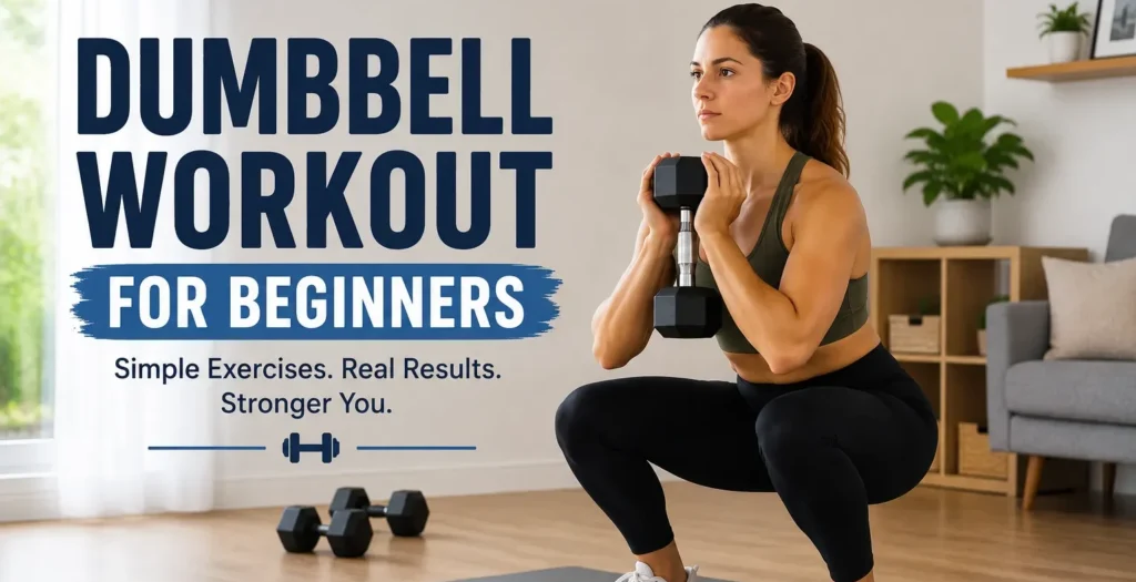 Dumbbell Workout for Beginners: A Simple Step-by-Step Guide to Build Strength at Home Beginner performing a goblet squat with a dumbbell during a home workout
