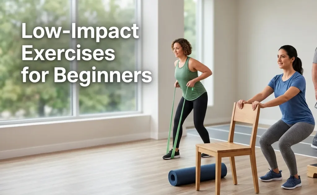 Low Impact Exercises for Beginners: A Complete Guide to Getting Started Safely Beginners performing walking, chair squats, and resistance-band exercises in a fitness studio