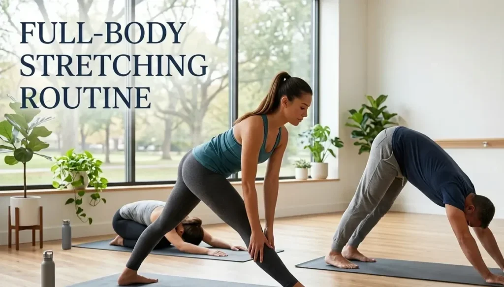 Full-Body Stretching Routine: A Complete Daily Guide for Better Flexibility Man and woman performing a full-body stretching routine in a modern fitness studio.