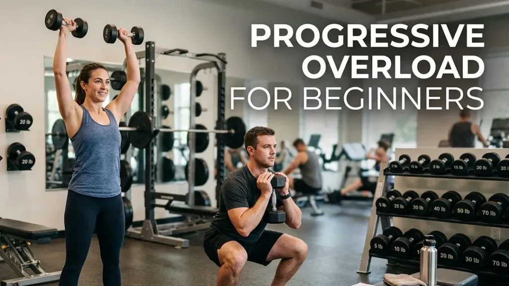 Beginner man and woman practicing progressive overload with dumbbells in a modern gym.