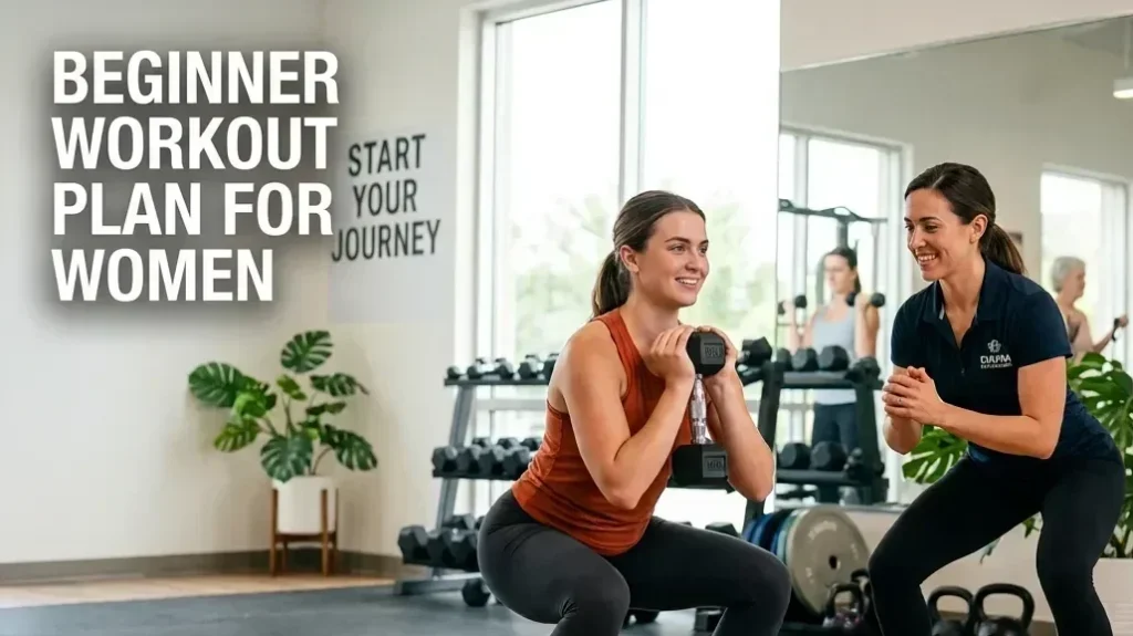 Beginner Workout Plan for Women: A Simple 4-Week Guide to Build Strength Beginner woman learning proper goblet squat form with guidance in a modern gym