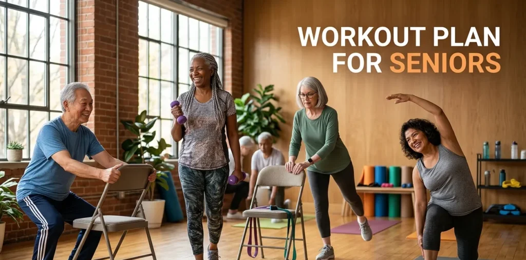 Workout Plan for Seniors: A Safe 7-Day Routine for Strength, Balance, and Healthy Aging Older adults performing safe beginner friendly exercises during a workout plan for seniors.
