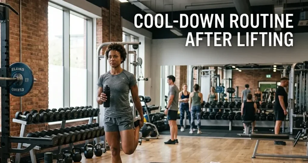Cool-Down Routine After Lifting: A Complete Recovery Guide Man and woman performing a cool-down routine after lifting weights in a modern gym.