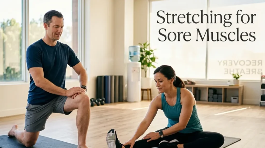 Stretching for Sore Muscles: Best Stretches for Faster Recovery Man and woman performing gentle post-workout stretches to relieve sore muscles in a modern fitness studio.