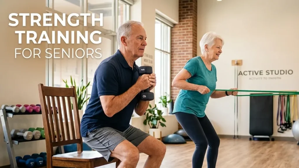 Strength Training for Seniors: A Safe Guide to Build Strength and Stay Independent Older adults performing beginner-friendly strength training with resistance bands and dumbbells under instructor supervision.