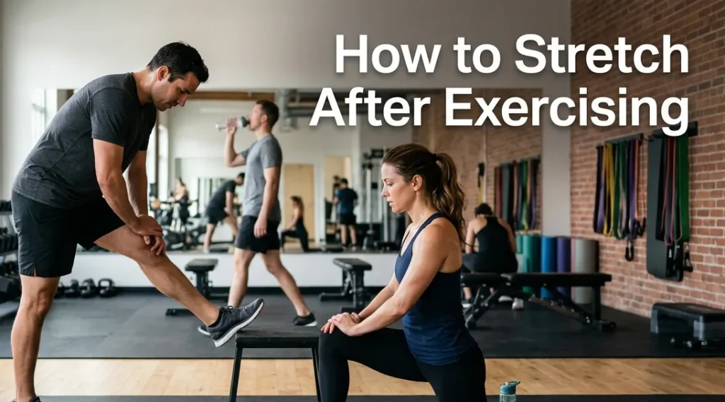 How to Stretch After Exercising: A Complete Post-Workout Recovery Guide Man and woman performing post-workout static stretches in a modern gym after exercising.