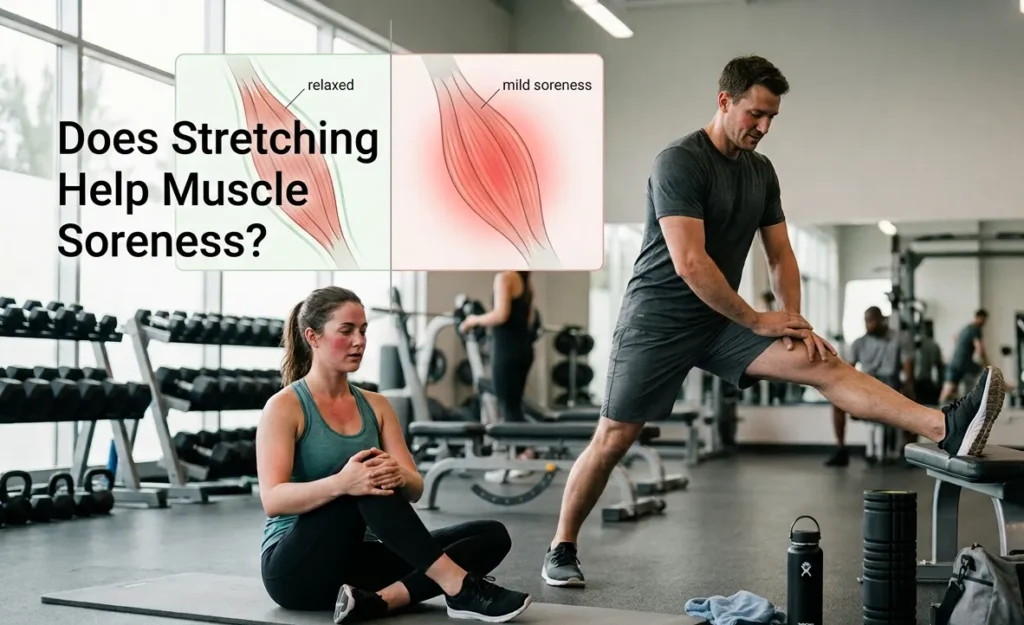 Does Stretching Help Muscle Soreness? What Science Really Says Realistic adults stretching after a workout to illustrate whether stretching helps muscle soreness.