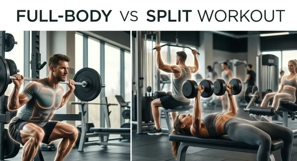 Full-body workout compared with split workout in a modern gym.