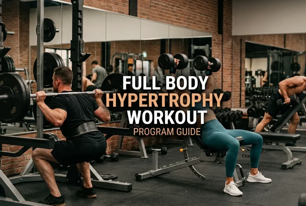 Man and woman performing a full body hypertrophy workout with compound exercises in a modern gym.