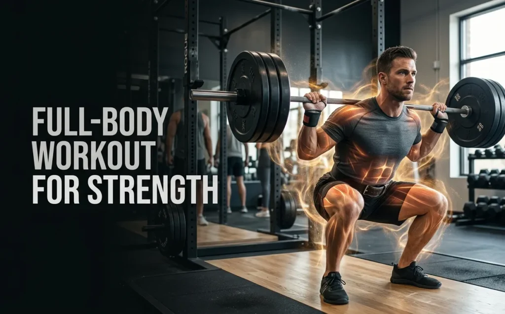 Athlete performing a heavy barbell back squat during a full-body workout for strength in a modern gym.